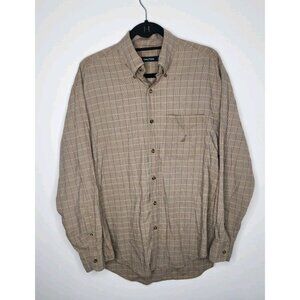Nautical Mens Long Sleeve Button Down Plaid Brown Shirt M cotton